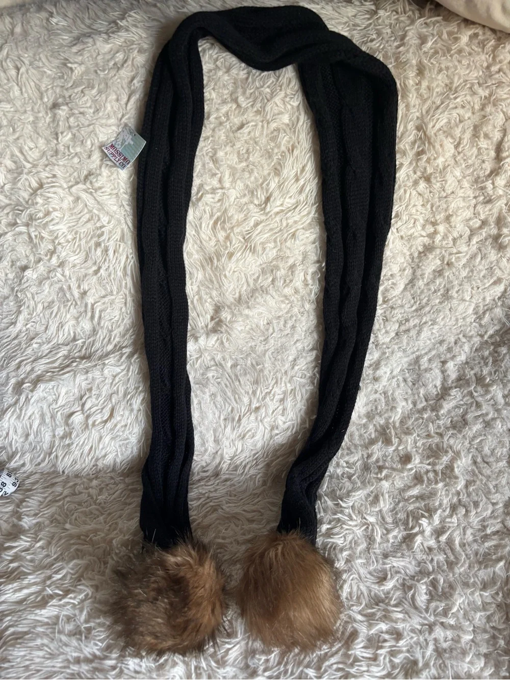 Chic Black Knit Scarf with Brown Faux Fur Pom-Poms
